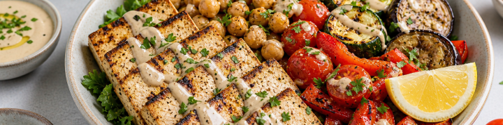 Tofu la grătar cu năut și legume mediteraneene
