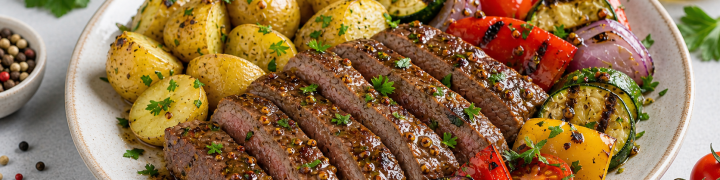 Vită la grătar cu cartofi noi și legume